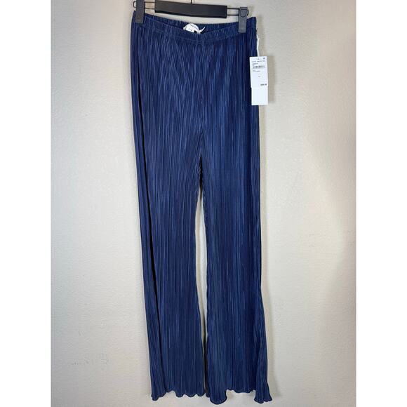 Good American Pleated Wide Leg Pants Blue Rinse Size 1/2 NWT Metallic‎ Crinkle - Picture 1 of 12